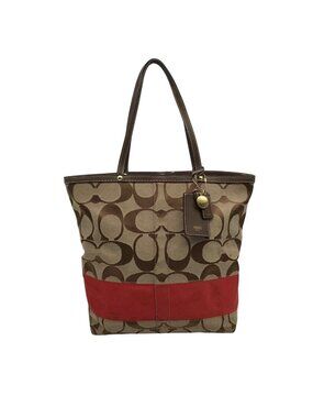 Coach Khaki & Red Signature Stripe Canvas Tote Bag 10125